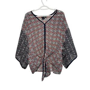 Blue Saks Fifth Avenue geometric sheer blouse kimono womens large fairy boho‎